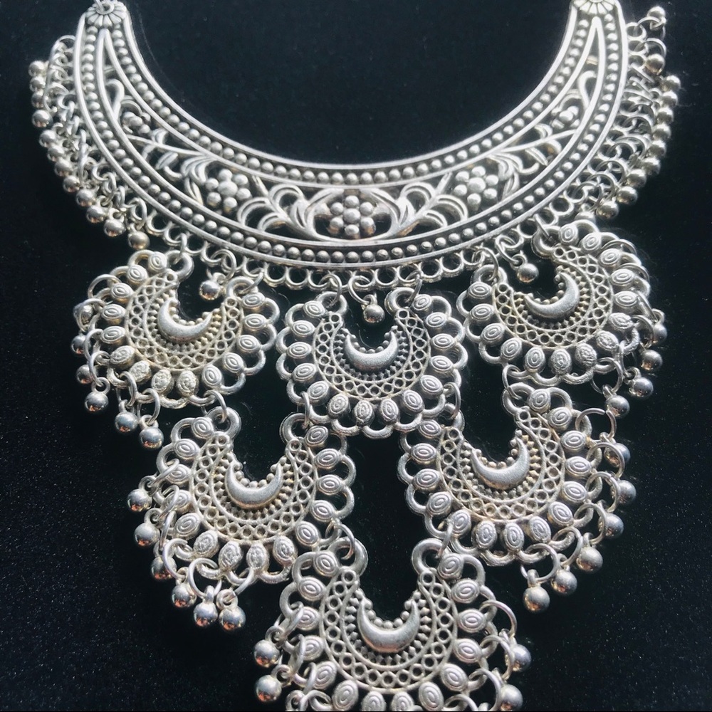 Bohemian Silver Choker Bib Statement Necklace - Picture 5 of 6